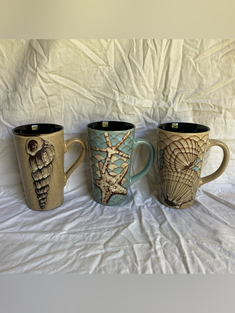Home Essentials Nautical Ocean Beach Shell Themed Stoneware Mugs -Set of 3